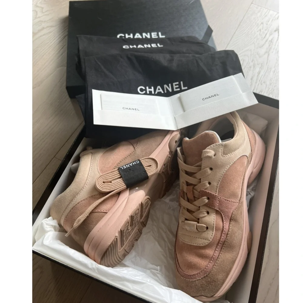 CHANEL Pink & Beige Suede Sneakers